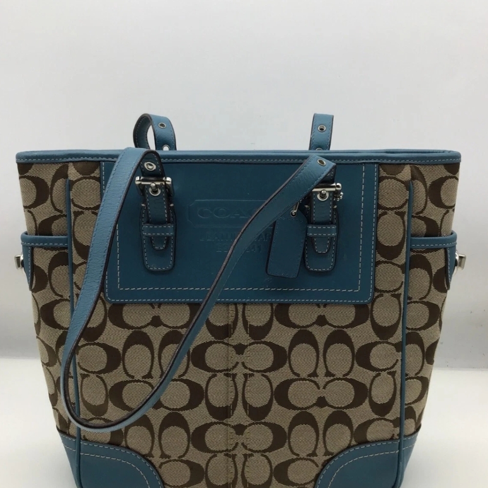 Coach Blue and Brown Signature Tote Bag